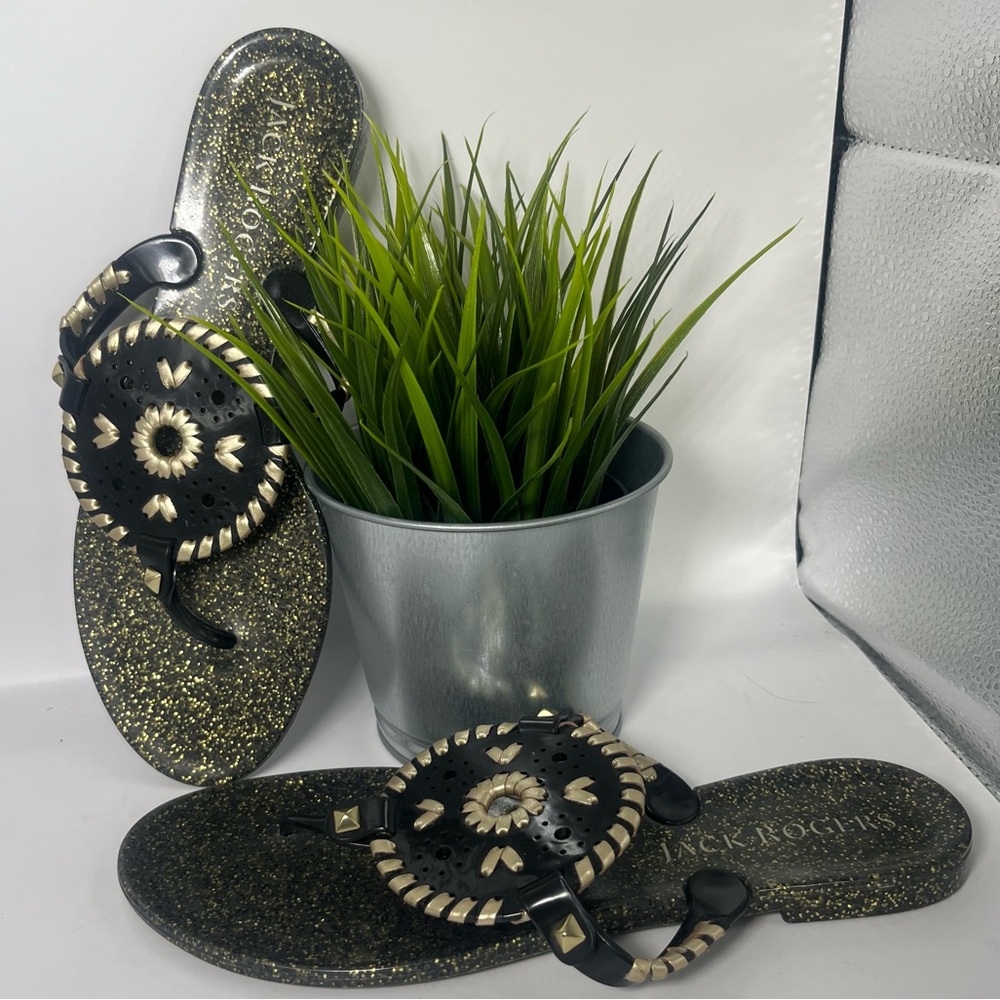 Jack Rogers Glittery Georgica Jelly Thong Flip Flop Sandals Black & Gold Sizeβ 7